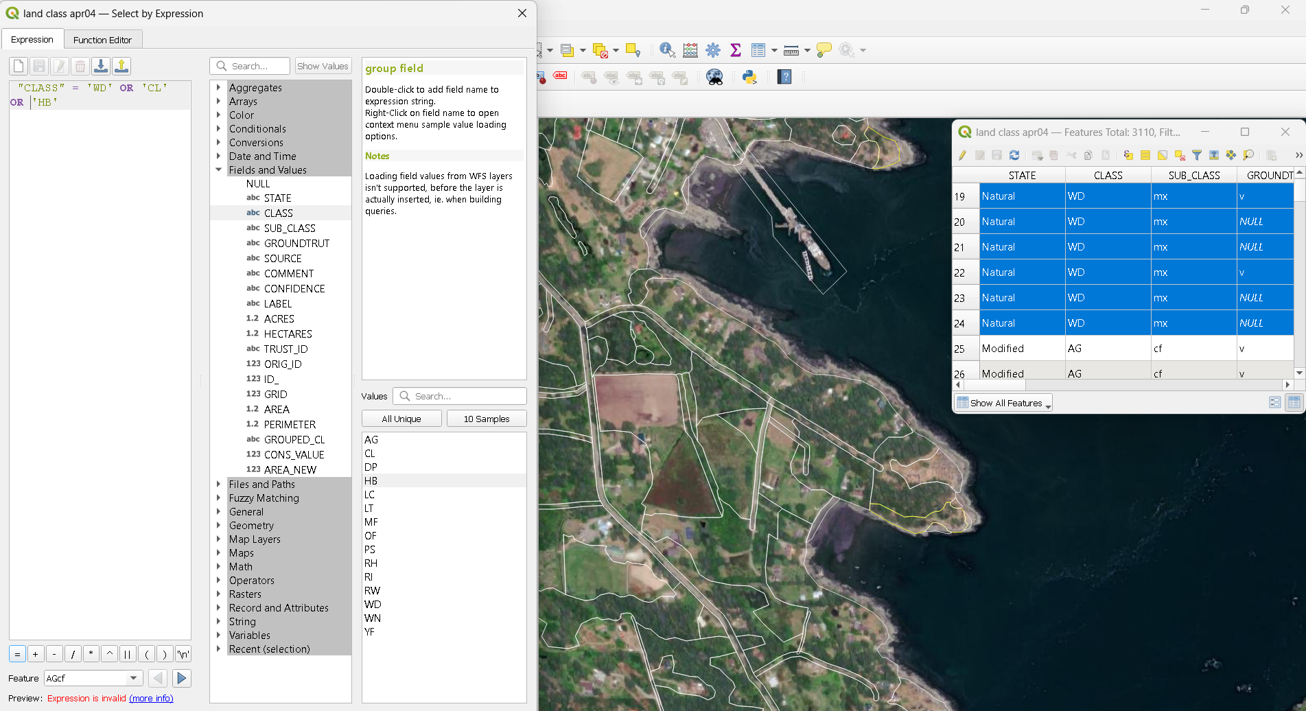 Querying land classification data to select habitat types for target species in QGIS.